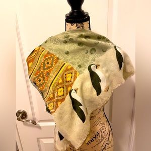 Square scarf with raw edge, igloo and penguin-puffin, taupe and hunter green